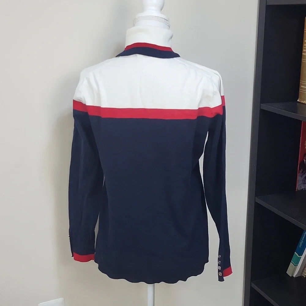 TOMMY HILFIGER Red White Blue Colorblock Silver Button Turtleneck Sweater